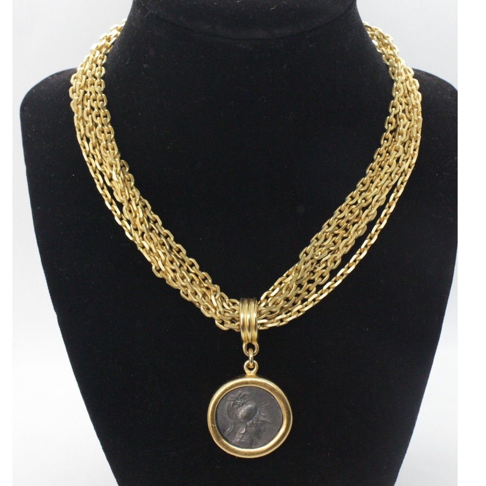 Vintage Carolee Roman Coin Necklace Gold Tone Multi Strand Signed 1980s